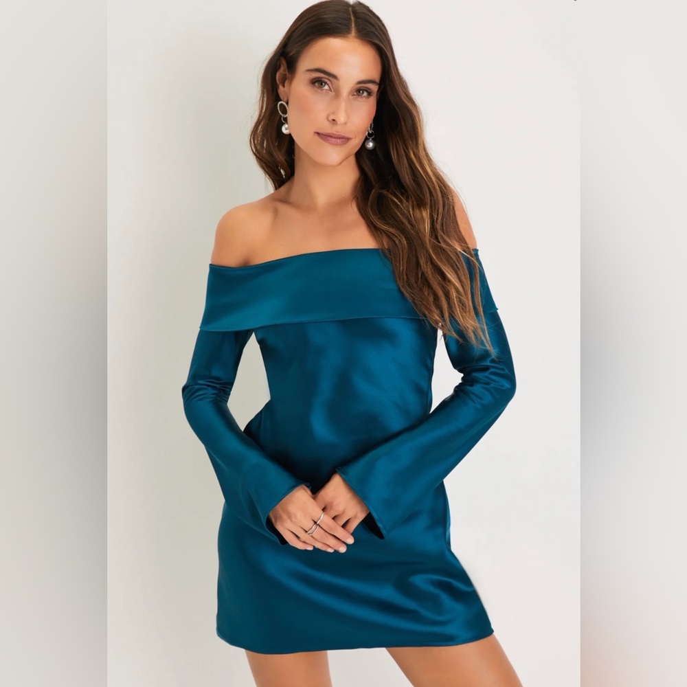 NWT lulus Teal Off-Shoulder Satin Long Sleeve Mini Dress Luxurious Vision XS